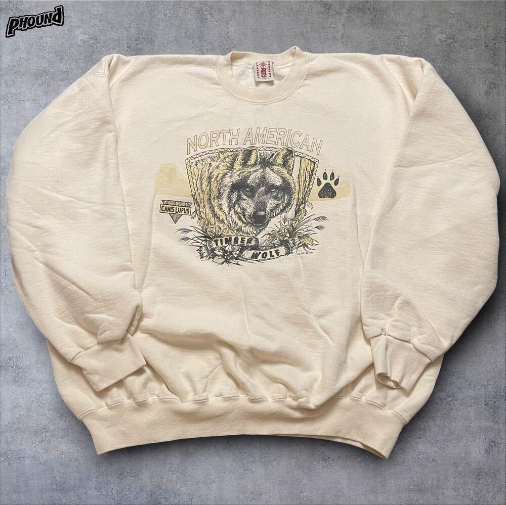 Vintage Timber Wolf Sweatshirt Mens XL White Crewneck Graphic Del Sol 1998
